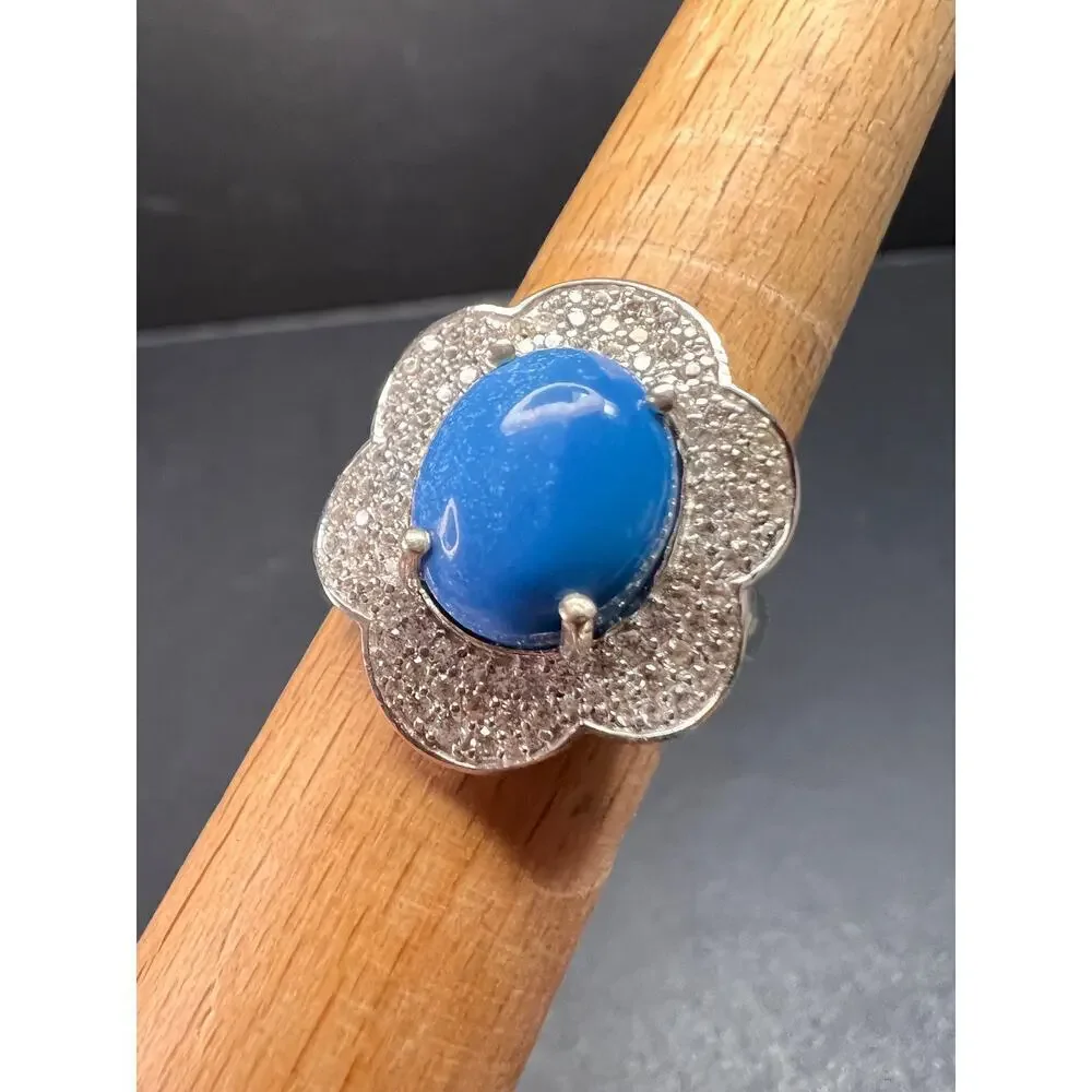 NEW Ceruleite and zircon blossom ring in rhodium over sterling silver size 8